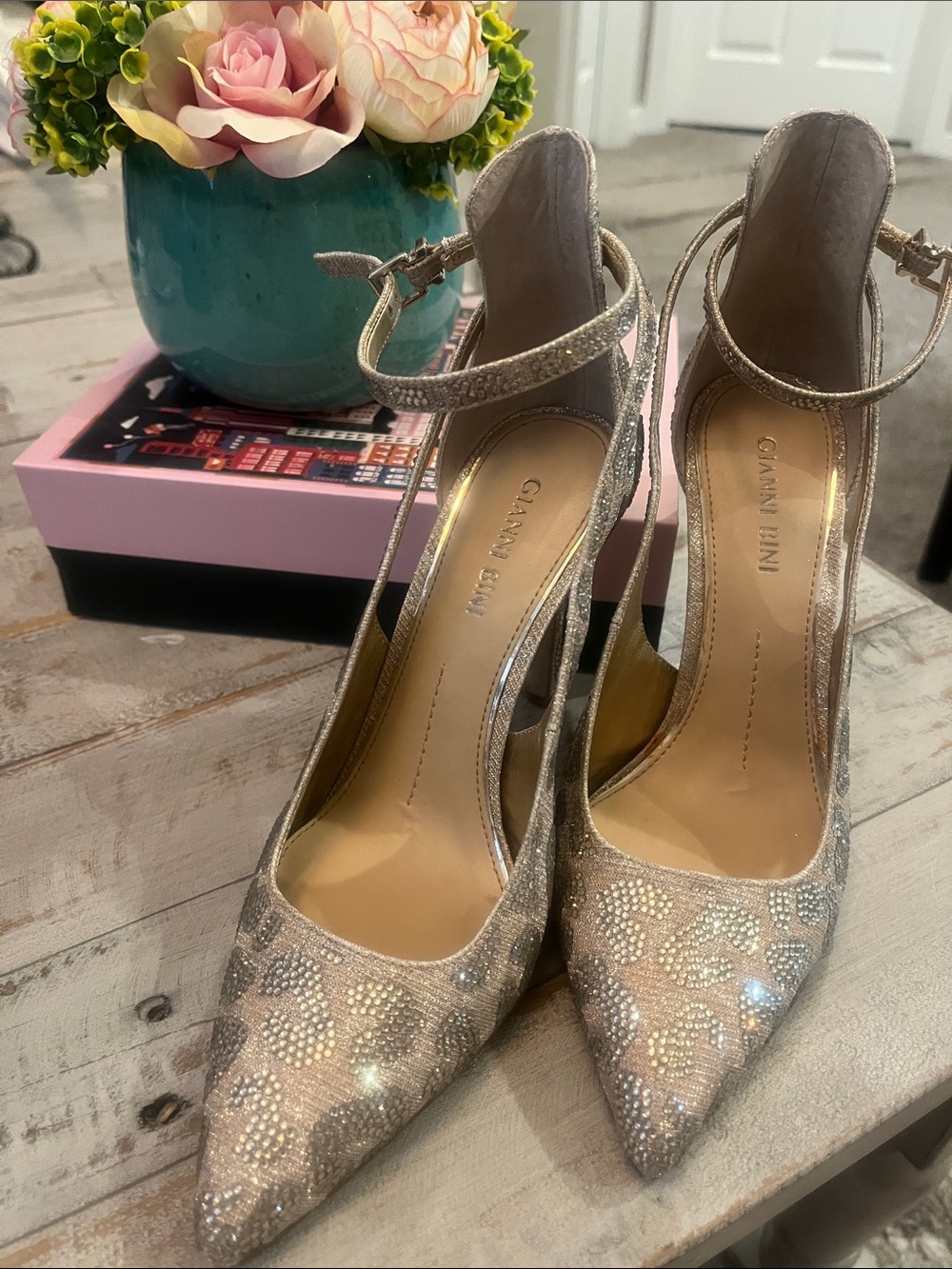 Gianni Bini Glittered Champagne Pointed-Toe Ankle-Strap Heels